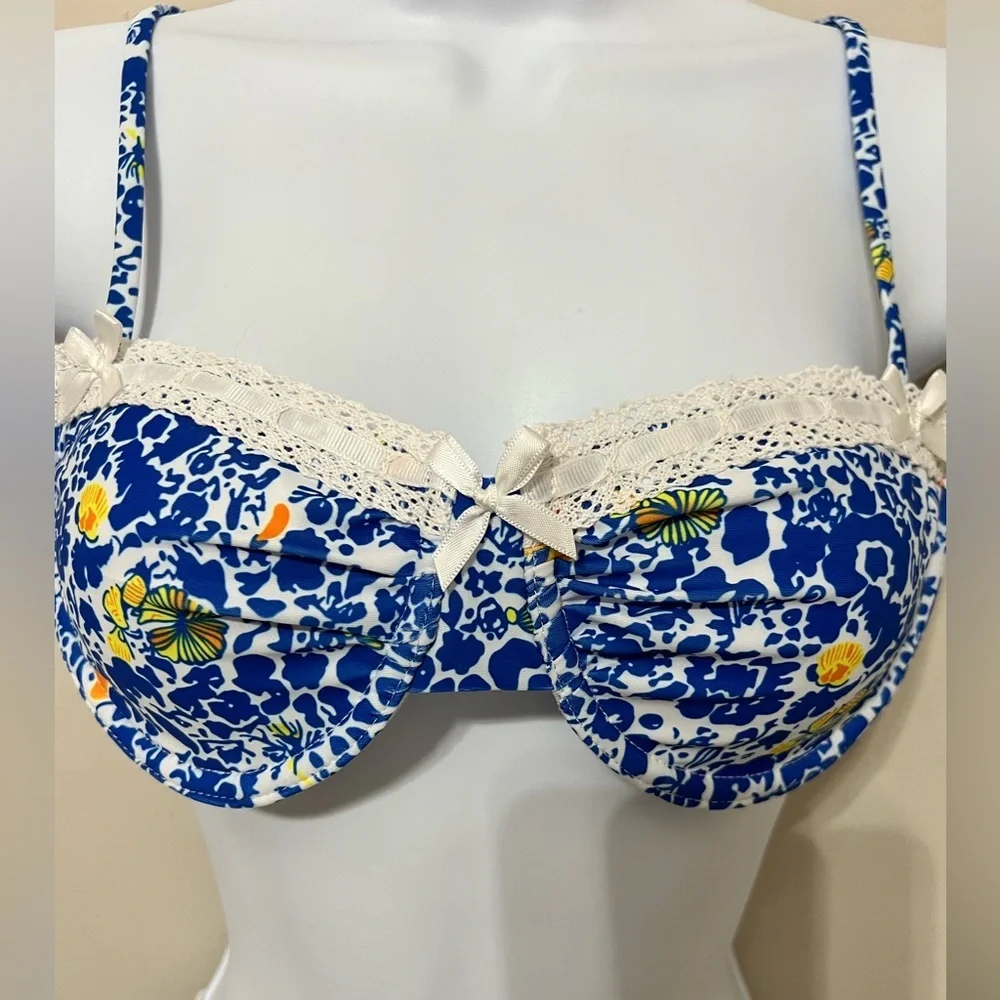 Blue Floral Frill Trim Underwire Bikini Set